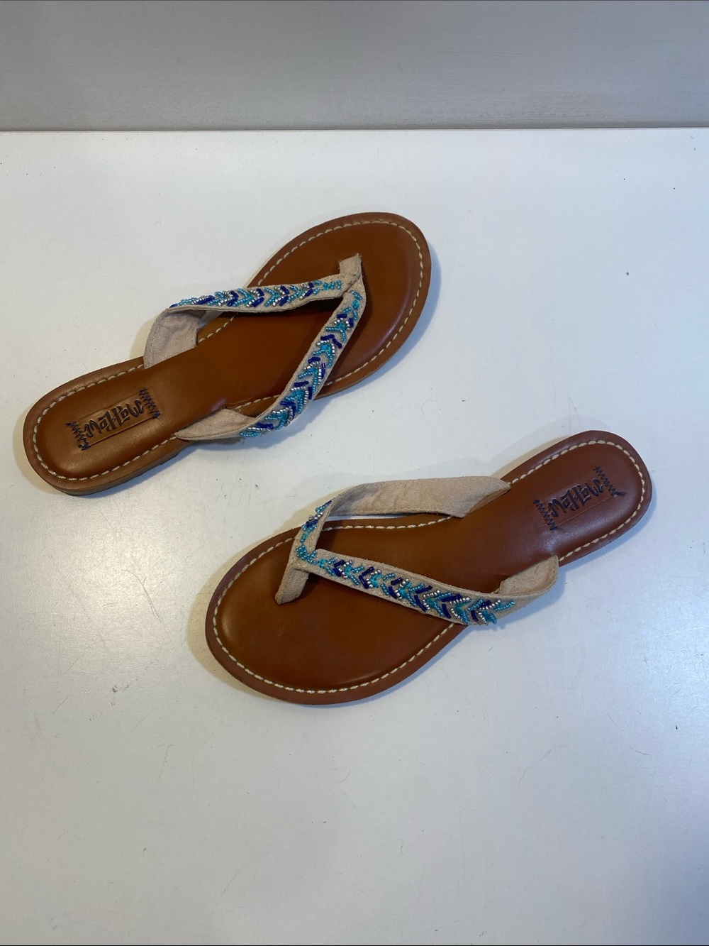 Malpow Brown Sandal with Blue Beaded Chevron Straps Size 8